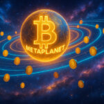 A glowing Bitcoin planet labeled "Metaplanet" orbits in space, surrounded by smaller Bitcoin coins forming rings like a solar system - Cover art/illustration via CryptoSlate. Image includes combined content which may include AI-generated content
