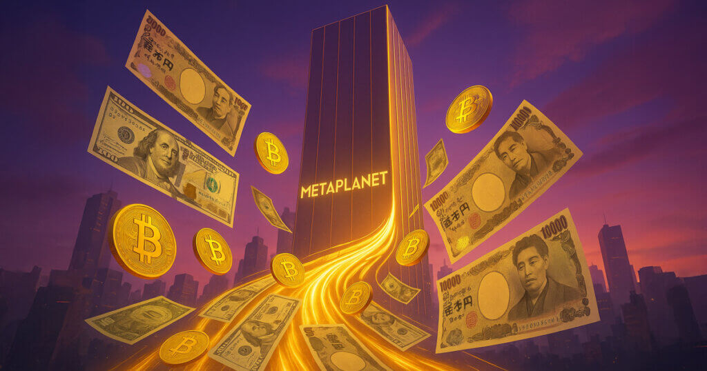 A golden stream of Bitcoin, US dollars, and Japanese yen flows into a towering Metaplanet building, symbolizing plans to raise $837 million for Bitcoin purchases - Cover art/illustration via CryptoSlate. Image includes combined content which may include AI-generated content