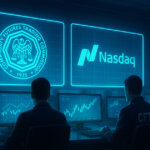 CFTC officials monitoring crypto market data on screens displaying the Commodity Futures Trading Commission and Nasdaq logos - Cover art/illustration via CryptoSlate. Image includes combined content which may include AI-generated content