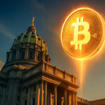 A glowing Bitcoin symbol rises above the Pennsylvania State Capitol building, representing proposed legislation restricting crypto ownership for public officials - Cover art/illustration via CryptoSlate