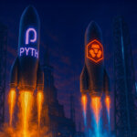 "PYTH and CRO rockets launch from a futuristic DeFi spaceport in neon-lit skies" - Cover art/illustration via CryptoSlate. Image includes combined content which may include AI-generated content