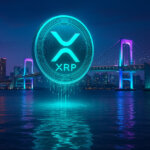 A large glowing XRP coin is depicted rising above Tokyo Bay with the Rainbow Bridge and city skyline illuminated in neon lights - Cover art/illustration via CryptoSlate. Image includes combined content which may include AI-generated content