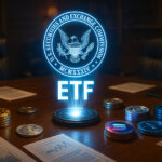 A holographic SEC emblem and "ETF" projection appear above stacks of cryptocurrency coins, symbolizing delayed crypto ETF decisions - Cover art/illustration via CryptoSlate. Image includes combined content which may include AI-generated content
