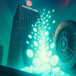 A glowing vault releases digital SharpLink tokens beside a skyscraper marked with the company’s logo - Cover art/illustration via CryptoSlate. Image includes combined content which may include AI-generated content