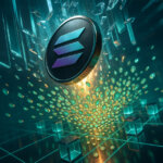 A glowing Solana coin emerges in a digital grid as the cryptocurrency climbs past $200 on surging institutional confidence – Cover art/illustration via CryptoSlate. Image includes combined content which may include AI-generated content