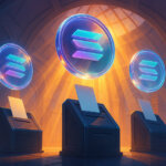 Three glowing Solana tokens hover above ballot boxes, symbolizing community voting and governance in support of the Alpenglow update - Cover art/illustration via CryptoSlate. Image includes combined content which may include AI-generated content