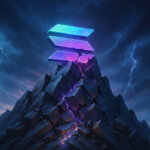 A glowing Solana logo stands atop a cracked mountain peak, symbolizing the cryptocurrency’s retreat after a sharp rally - Cover art/illustration via CryptoSlate. Image includes combined content which may include AI-generated content