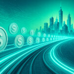 Glowing digital rails channel stablecoin tokens toward a futuristic city, symbolizing the accelerating growth of global stablecoin adoption - Cover art/illustration via CryptoSlate. Image includes combined content which may include AI-generated content