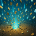 Digital coins are shown falling into a glowing crack between NYSE and Nasdaq, symbolizing rising concerns around tokenized equities and regulatory warnings - Cover art/illustration via CryptoSlate. Image includes combined content which may include AI-generated content