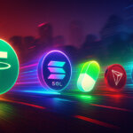 Glowing tokens (USDT, SOL, PUMP.FUN (white and green pill), TRX, ETHENA) zip down a digital autobahn in synchronized motion - Cover art/illustration via CryptoSlate. Image includes combined content which may include AI-generated content