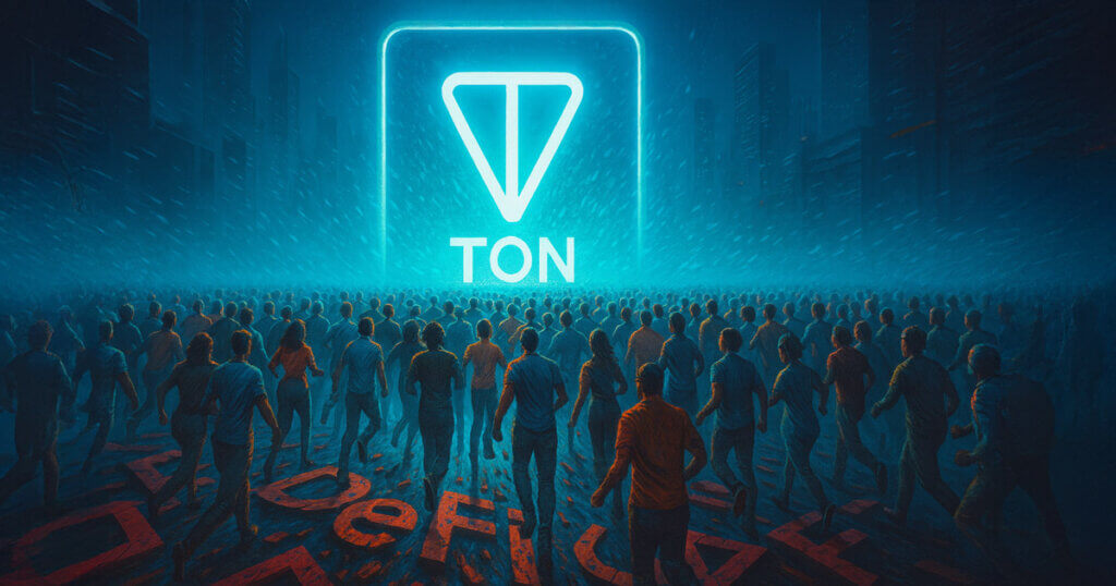A large crowd moves toward a glowing TON symbol, representing growing interest in The Open Network’s DeFi ecosystem - Cover art/illustration via CryptoSlate.