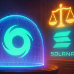 Solana Policy Institute projects a holographic shield over the Tornado Cash logo in a digital courtroom - Cover art/illustration via CryptoSlate. Image includes combined content which may include AI-generated content