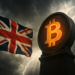 A glowing Bitcoin monument stands beside the UK flag under stormy skies, symbolizing Britain’s tense crypto regulatory environment - Cover art/illustration via CryptoSlate. Image includes combined content which may include AI-generated content