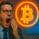 A man yawns in front of a glowing Bitcoin symbol, representing Wall Street's continued lack of enthusiasm for cryptocurrency adoption - Cover art/illustration via CryptoSlate
