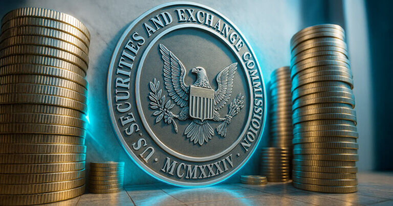 A large U.S. Securities and Exchange Commission (SEC) seal is shown surrounded by stacks of gold coins, symbolizing regulation and finance - Cover art/illustration via CryptoSlate. Image includes combined content which may include AI-generated content