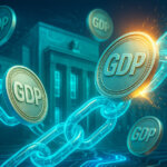 US GDP stats visualized as symbolic digital coins spinning into blockchain streams over a digital Federal Reserve backdrop - Cover art/illustration via CryptoSlate. Image includes combined content which may include AI-generated content
