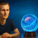 A digital illustration shows Ethereum co-founder Vitalik Buterin beside a glowing crystal ball containing a brain and market charts, symbolizing prediction market debates - Cover art/illustration via CryptoSlate. Image includes combined content which may include AI-generated content