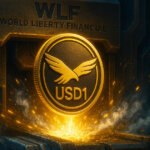 A glowing USD1 coin marked with World Liberty Financial is shown being minted, symbolizing Trump’s treasury allocation of 10% supply - Cover art/illustration via CryptoSlate. Image includes combined content which may include AI-generated content