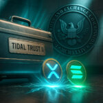A Tidal Trust II case appears alongside XRP and Solana coins under the SEC seal, representing new leveraged ETF filings - Cover art/illustration via CryptoSlate. Image includes combined content which may include AI-generated content