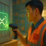 A worker scans a container marked with the XRPL logo in a warehouse, symbolizing blockchain integration in supply chain finance - Cover art/illustration via CryptoSlate. Image includes combined content which may include AI-generated content
