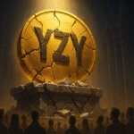 A cracked golden coin marked “YZY” stands on a crumbling pedestal surrounded by onlookers, symbolizing the rapid crash of Kanye’s YZY token - Cover art/illustration via CryptoSlate. Image includes combined content which may include AI-generated content