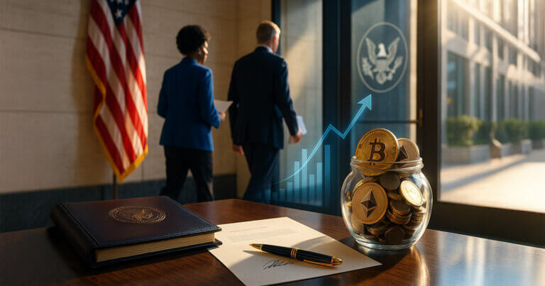 Two bipartisan House lawmakers stride through a sunlit government hallway toward a frosted-glass door with an eagle-and-scales emblem while, in the foreground, a presidential-seal folder, gold pen, and a nest-egg jar of Bitcoin and Ethereum coins sit on a polished table with bright blue, gold, and red hues.