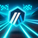 Arbitrum’s logo racing on a neon-lit circuit with holographic checkered flags - Cover art/illustration via CryptoSlate.