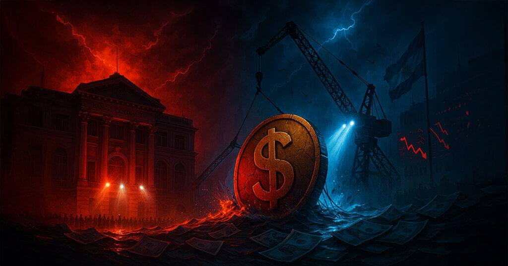 Cinematic 16:9 illustration of Buenos Aires’ central bank floodlit in red and blue as a cracked peso coin sinks amid stormy waters and swirling banknotes, symbolizing emergency intervention and currency collapse.