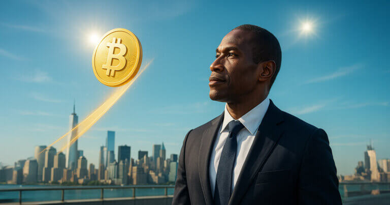 Photorealistic daytime scene of Arthur Hayes on a bright rooftop terrace watching a luminous Bitcoin arc upward over a vivid blue city skyline