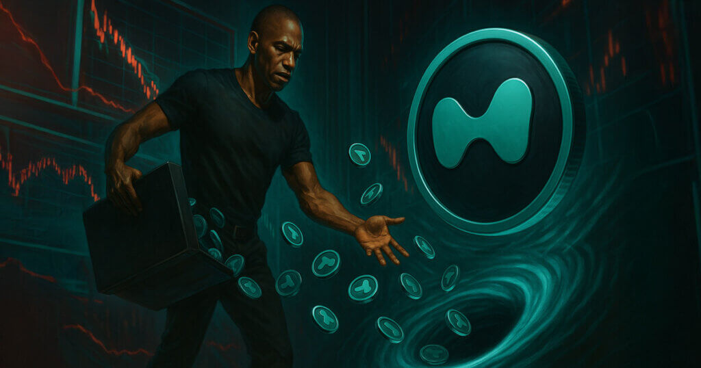 Arthur Hayes in full-body silhouette empties a briefcase of glowing HYPE tokens into a swirling teal vortex beside the Hyperliquid emblem as red charts fall in the background