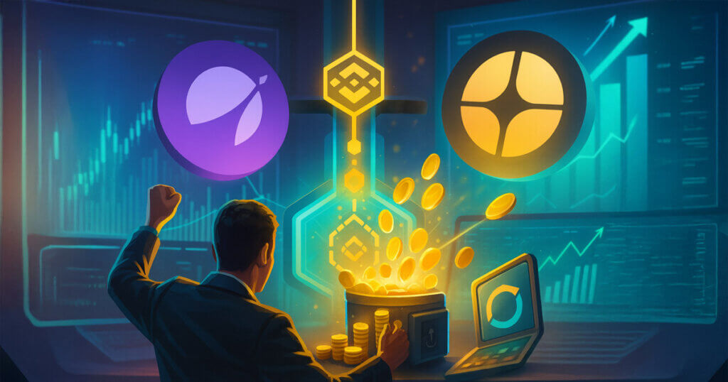 A triumphant trader raises his fists as Aster and APX logos fuse through a BNB Chain conduit and shower a wallet with coins amid surging charts
