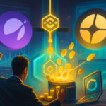 A triumphant trader raises his fists as Aster and APX logos fuse through a BNB Chain conduit and shower a wallet with coins amid surging charts