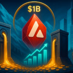 A radiant AVAX crystal rises between twin treasury vaults pouring gold as a neon growth chart and city skyline suggest momentum toward a $1 billion funding push