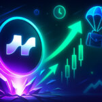 Avantis coin (using the attached logo) erupting from shards beside rising candlesticks, bullish arrows, and parachuting airdrop wallets to depict a fundamentals-driven rebound.