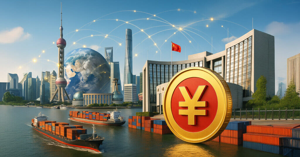 A digital yuan coin is depicted against Shanghai’s skyline, symbolizing China’s push to expand the currency’s role in global trade - Cover art/illustration via CryptoSlate.