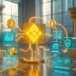 a glowing Binance logo cube acting as a hub that plugs modular glass blocks—liquidity, custody vault, compliance shield, and dashboard—into bank and broker pillars, with BTC/ETH icons flowing through neon circuits.