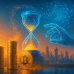 On a sunlit futuristic rooftop, five ascending stacks of gleaming bitcoins lead toward a glowing circuit hourglass as a vast cyan neural lattice and a translucent robotic hand draw shimmering gold particles into the sky.