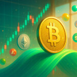 A bright, cinematic scene shows a gleaming Bitcoin coin surging ahead on a luminous green market wave, with a slightly trailing Ethereum symbol and colorful altcoin orbs rising against sunlit charts.