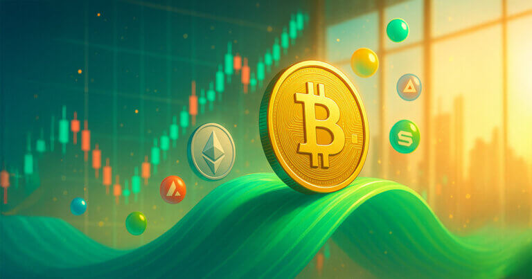 A bright, cinematic scene shows a gleaming Bitcoin coin surging ahead on a luminous green market wave, with a slightly trailing Ethereum symbol and colorful altcoin orbs rising against sunlit charts.