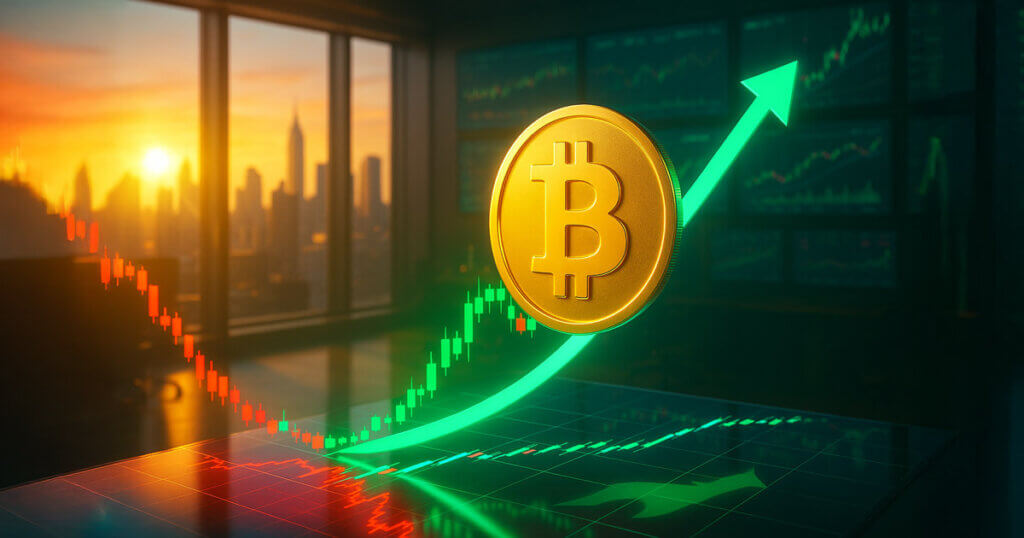 A glowing Bitcoin rises beside a sweeping green arrow over red-to-green candlesticks on a sunlit trading floor, signaling bullish sentiment after a drawdown