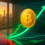 A glowing Bitcoin rises beside a sweeping green arrow over red-to-green candlesticks on a sunlit trading floor, signaling bullish sentiment after a drawdown