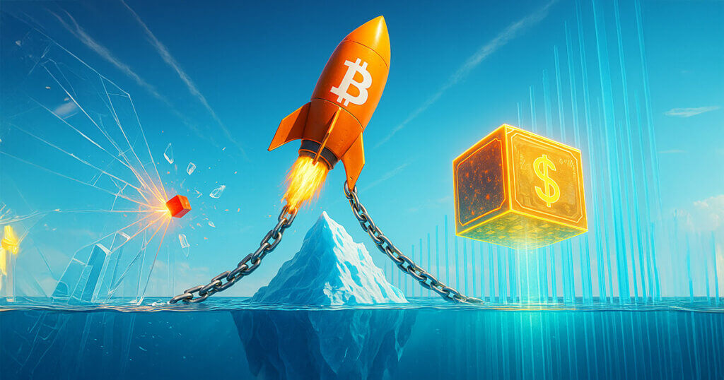 A bright, cinematic scene shows a glowing orange Bitcoin rocket straining against heavy chains anchored to a vast underwater iceberg, while a tiny red cube shatters glass-like dominoes on the left and a massive golden money block sinks into deep blue liquidity columns on the right under a sunlit sky.
