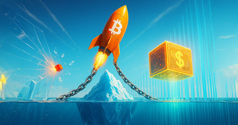 A bright, cinematic scene shows a glowing orange Bitcoin rocket straining against heavy chains anchored to a vast underwater iceberg, while a tiny red cube shatters glass-like dominoes on the left and a massive golden money block sinks into deep blue liquidity columns on the right under a sunlit sky.