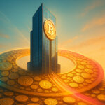 A gleaming corporate skyscraper with a giant Bitcoin emblem pulls bright streams of coins into two highlighted slices of a vast circular coin ring, symbolizing the risks of one firm controlling a significant share of supply.