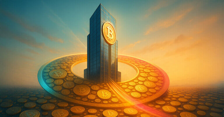 A gleaming corporate skyscraper with a giant Bitcoin emblem pulls bright streams of coins into two highlighted slices of a vast circular coin ring, symbolizing the risks of one firm controlling a significant share of supply.
