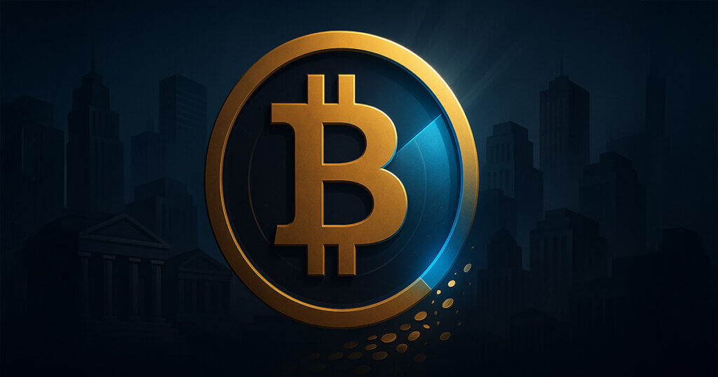 A glowing blue slice within a golden Bitcoin ring, set against a dark navy skyline of institutional buildings, symbolizes institutions holding roughly 12.3% of the total supply.