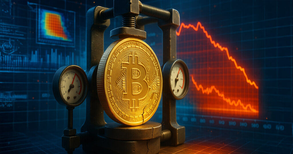 A cinematic 16:9 scene shows a golden Bitcoin clamped in an industrial stress tester with hairline cracks forming, surrounded by bright holographic on-chain charts and a red-orange heatmap against a cool blue grid, conveying high-stakes tension with vivid mid-to-high key lighting.