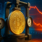 A cinematic 16:9 scene shows a golden Bitcoin clamped in an industrial stress tester with hairline cracks forming, surrounded by bright holographic on-chain charts and a red-orange heatmap against a cool blue grid, conveying high-stakes tension with vivid mid-to-high key lighting.
