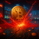 A cracked Bitcoin smashes into a neon-lit trading floor as a red shockwave and plunging charts suggest a sudden $1.7B wipeout