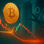 A bright, cinematic scene shows a glowing Bitcoin coin above a candlestick chart snapping a support line as a sliced percent symbol and neoclassical columns hint at a Fed rate cut, rendered in vivid teal, amber, and red tones.